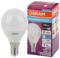 Лампа светодиодная LED Antibacterial Шарообразная 5.5Вт (замена 50 Вт), 470Лм, 6500 К, цоколь E14 OSRAM LEDVANCE 4058075561533