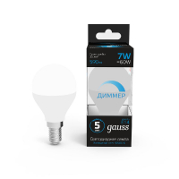 Лампа светодиодная диммируемая Gauss E14 7W 6500K шар матовый 105101307-D GAUSS