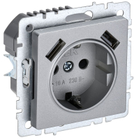 BRITE Розетка с заземлением с защитными шторками 16А с USB A+A 2.1А РЮш10-1-БрА алюминий IEK BR-R14-16-U21-D21-K47