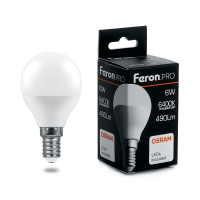 Лампа светодиодная LED 6вт Е14 дневной матовый шар Feron.PRO FERON LB-1406 38067