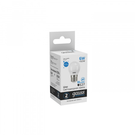 Лампа светодиодная LED 6 Вт 470 лм 6500К AC180-240В E27 шар P45 холодная Elementary GAUSS 53236