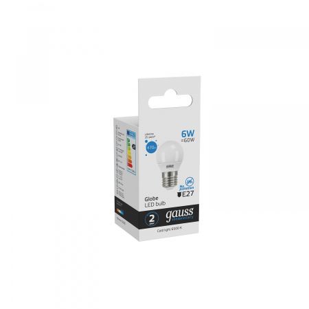 Лампа светодиодная LED 6 Вт 470 лм 6500К AC180-240В E27 шар P45 холодная Elementary GAUSS 53236