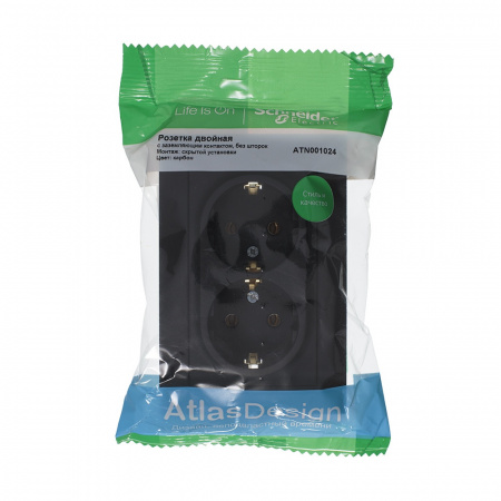 Розетка ATLASDESIGN двойная с заземлением 16А в сборе карбон Systeme Electric ATN001024