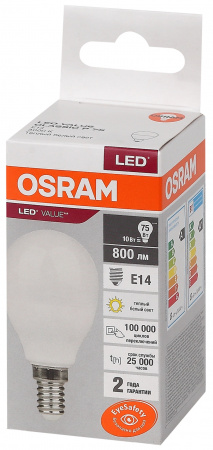 Лампа светодиодная LED 10 Вт E14 3000К 800Лм шарик 220 В (замена 75Вт) OSRAM LEDVANCE 4058075579712