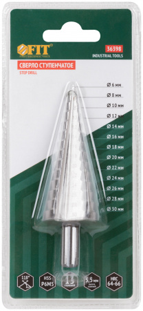 Сверло ступенчатое HSS (Р6М5) по металлу, 13 ступеней, 6-30 мм FIT 36398