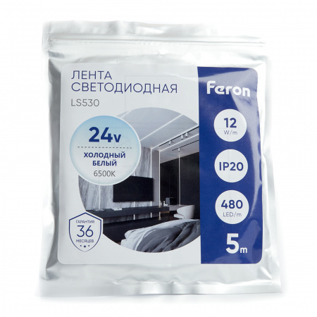 Лента светодиодная LEDх480/м COB 5м 12w/m 24в 6500К FERON LS530 48272