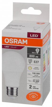 Лампа светодиодная LED 10 Вт E27 3000К 800Лм груша 220 В (замена 75Вт) OSRAM LEDVANCE 4058075578821