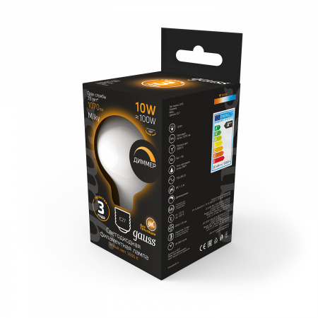 Лампа светодиодная филаментная LED 10 Вт 1070 лм 3000К AC185-265В E27 шар G95 теплая матовая колба диммируемая Black Filament Gauss GAUSS 189202110-D