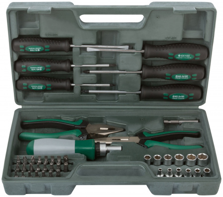 Набор инструмента 45 шт (пассатижи, отвертки, биты), пластиковый чемодан FIT 65143