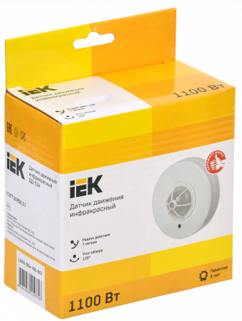 Датчик движения ДД 024 белый, макс. нагрузка 1100Вт, угол обзора 120-360гра, дальность 6м, IP33, IEK LDD11-024-1100-001