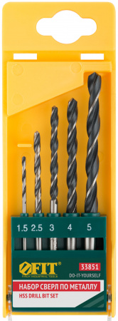 Набор сверл по металлу HSS черненых, 5 шт (1.5-2.5-3-4-5 мм) FIT 33851