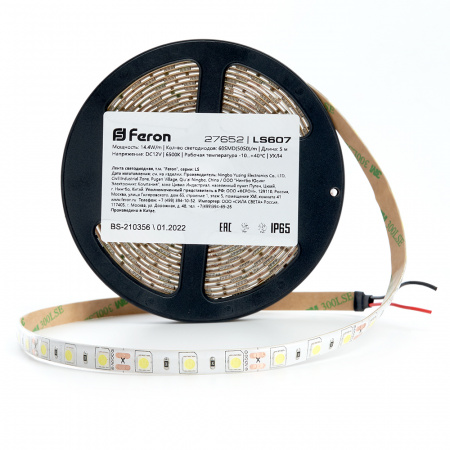 Лента светодиодная LEDх60/м 5м 14.4w/m 12в IP65 дневной FERON LS607 27652