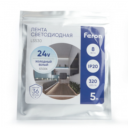 Лента светодиодная LEDх320/м COB 5м 8w/m 24в 6500К FERON LS530 48265