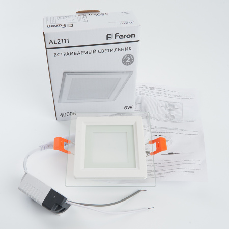 AL2111 27853 Светильник светодиодный ДВО-6w 4000K 480Лм квадратный со стеклом белый FERON 