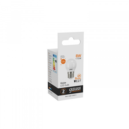 Лампа светодиодная LED 8 Вт 520 лм 3000К AC180-240В E27 шар P45 теплая Elementary GAUSS 53218