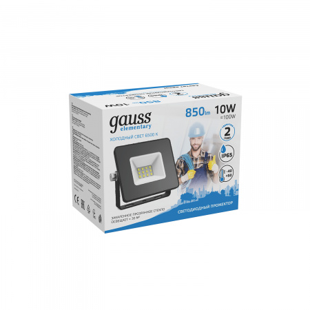 Прожектор светодиодный ДО 10 Вт 6500К 900 лм 200-240В IP65 76х93х28мм Алюминий Elementary Gauss GAUSS 613100310