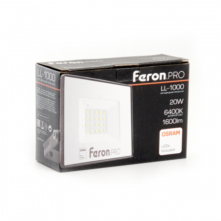 LL-1000 41538 Прожектор светодиодный ДО-20w 6400К 1600Лм IP65 черный Feron.PRO FERON 