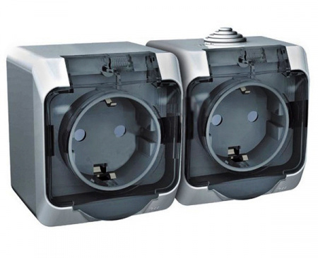 ЭТЮД Розетка двойная наружная с заземлением со шторками IP44 серая Systeme Electric PA16-244C