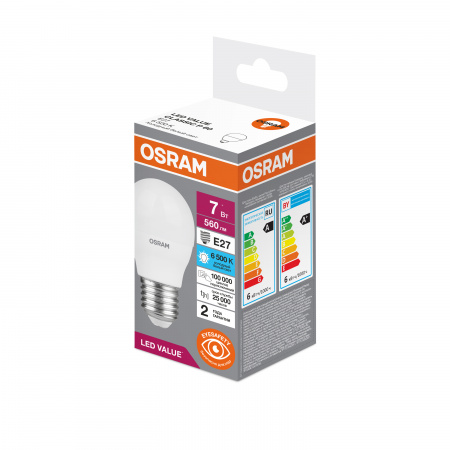 Лампа светодиодная LED 7 Вт E27 6500К 560Лм шарик 220 В (замена 60Вт) OSRAM LEDVANCE 4058075579866