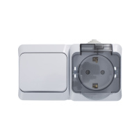 ЭТЮД Блок Выключатель одноклавишный/Розетка наружная с заземлением со шторками IP44 белый Systeme Electric BPA16-241B