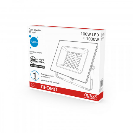 Прожектор светодиодный ДО 100 Вт 6500К 8500 лм 200-240В IP65 206х240х31мм Алюминий Elementary PROMO G2 Gauss GAUSS 613100100P