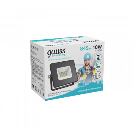 Прожектор светодиодный ДО 10 Вт 4000К 895 лм 175-265В IP65 76х93х28мм Алюминий Elementary G2 Gauss GAUSS 613100210