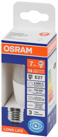 Лампа светодиодная LED 7Вт Е27 4000К 600Лм свеча 220В (замена 60Вт) OSRAM LEDVANCE 4099854186363