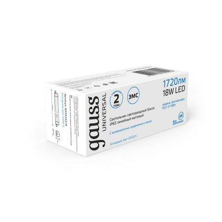 Светильник линейный ДСП 18 Вт 6500К 1720 лм 185-265В IP65 570х60х55мм Пластик матовый сквозная проводка соеденяется в линию UNIVERSAL Gauss GAUSS 843424318