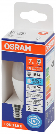 Лампа светодиодная LED 7Вт Е14 6500К 600Лм свеча 220В (замена 60Вт) OSRAM LEDVANCE 4099854186301
