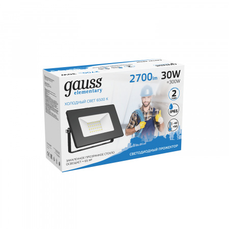 Прожектор светодиодный ДО 30 Вт 6500К 2700 лм 175-265В IP65 126х136х30мм Алюминий Elementary G2 Gauss GAUSS 613100330