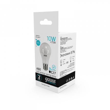 Лампа светодиодная LED 10 Вт 920 лм 4100К AC180-240В E27 А60 (груша) нейтральный Elementary GAUSS 23220