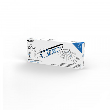 "Светильник Уличный Gauss LED Qplus IP65 455*180*49 100W 12000lm 5000K 120-260V КСС ""Ш"" 1/4" GAUSS 629535300