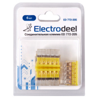 Клемма соединительная  5-контактная (6шт) Elеctrodeel. Диапазон сечений 0.5-2.5 мм2. Номинальный ток/напряжение: 24А/450В. Упаковка: блистер. Electrodeel ED 772-205-b6