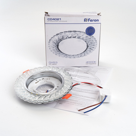 CD4021 29474 Светильник ДВО-15w GX53 без лампы со светодиодной подсветкой 4000К хром с прозрачным стеклом FERON 