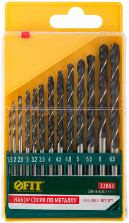 Набор сверл по металлу HSS черненых, 13 шт (1.5-2-2.5-3-3.2-3.5-4-4.5-4.8-5-5.5-6-6.5 мм) FIT 33863