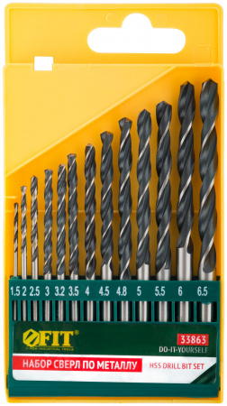 Набор сверл по металлу HSS черненых, 13 шт (1.5-2-2.5-3-3.2-3.5-4-4.5-4.8-5-5.5-6-6.5 мм) FIT 33863