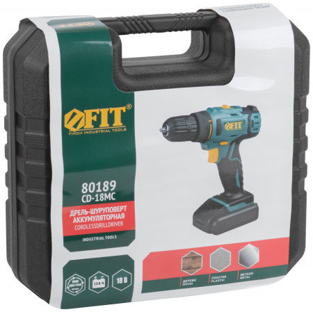 80189 Дрель-Шуруповерт акк. 18.0 В, 0-400/1450 об/мин, 29.0 Нм, 2 (Li-Ion) 1.3 Ач, 1.5 ч., рез. накл., кейс FIT 