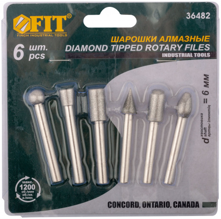 36482 Шарошки усиленная сталь с алмазным напылением, штифт диаметр 6 мм, 6 шт FIT 