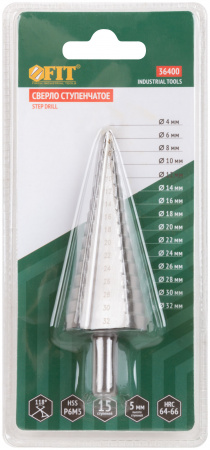 Сверло ступенчатое HSS (Р6М5) по металлу, 15 ступеней, 4-32 мм FIT 36400