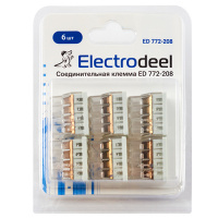 Клемма соединительная  8-контактная (6шт) Elеctrodeel. Диапазон сечений 0.5-2.5 мм2. Номинальный ток/напряжение: 24А/450В. Упаковка: блистер. Electrodeel ED 772-208-b6