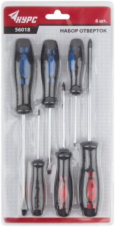 56018 Отвертки ''Стандарт'', CrV сталь, магнитный наконечник, двухцветная прорезиненная ручка, набор 6 шт КУРС 