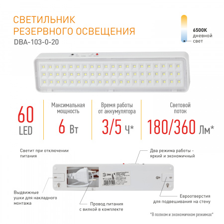 Светильник светодиодный аварийный непостоянный DBA-103-0-20 60LED 5ч IP20 (40/1600) ЭРА Б0044396