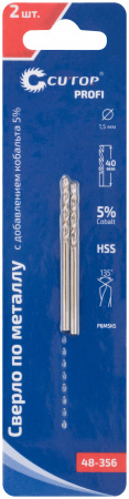 48-356 Сверло по металлу Cutop Profi с кобальтом 5% 1.5 x 40 мм, 2 шт CUTOP 