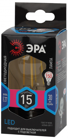 Б0046983 Лампа светодиодная F-LED A60-15W-840-E27 (филамент, груша, 15Вт, тепл, Е27) (10/100/1500) ЭРА 