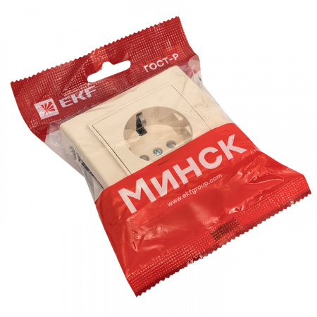 Розетка одноместная СП с заземлением 16А бежевый с защитными шторками Минск EKF ERR16-028-200