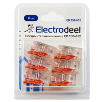 Клемма соединительная  2-контактная (6шт) Elеctrodeel. Диапазон сечений 0.5-6.0 мм2. Номинальный ток/напряжение: 41А/450В. Упаковка: блистер. Electrodeel ED 230-612-b6