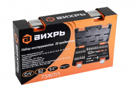 Набор инструментов, 1/4'' , CrV, в кейсе 29 предм '' Вихрь 73/6/7/1