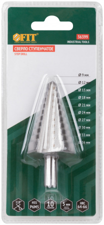 Сверло ступенчатое HSS (Р6М5) по металлу, 9 ступеней, 9-36 мм FIT 36399