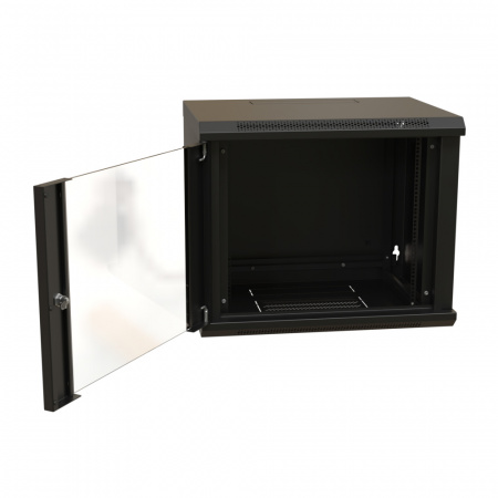 Шкаф настенный 19-дюймовый 19'' 12U 650х600х450мм стеклянная дверь с перфорацией ручка с замком черный RAL 9004 WRline'' WRLine WR-TW-1245-GP-RAL9004 520245