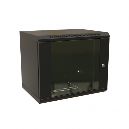 Шкаф настенный 19-дюймовый 19'' 12U 650х600х450мм стеклянная дверь с перфорацией ручка с замком черный RAL 9004 WRline'' WRLine WR-TW-1245-GP-RAL9004 520245